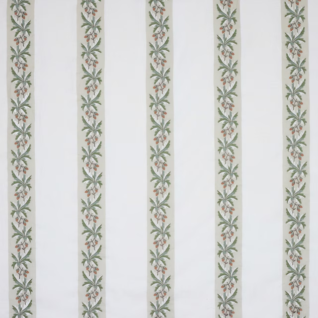 Vertical botanical stripe with soft green leaf garlands on a pale ground