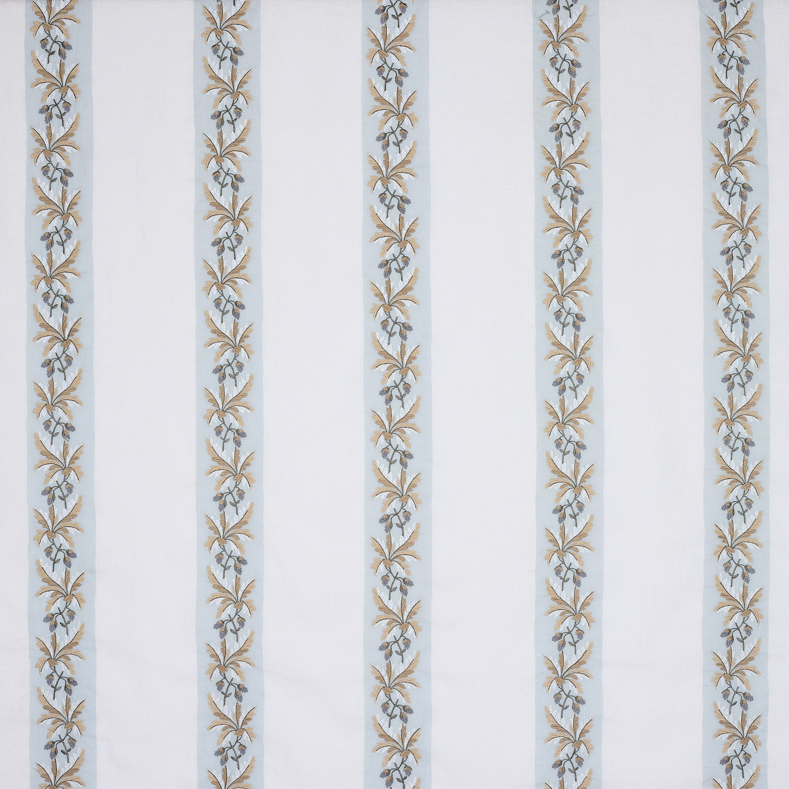 Pale blue striped fabric with trailing leaf motif and soft linen texture