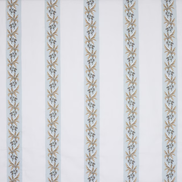 Pale blue striped fabric with trailing leaf motif and soft linen texture