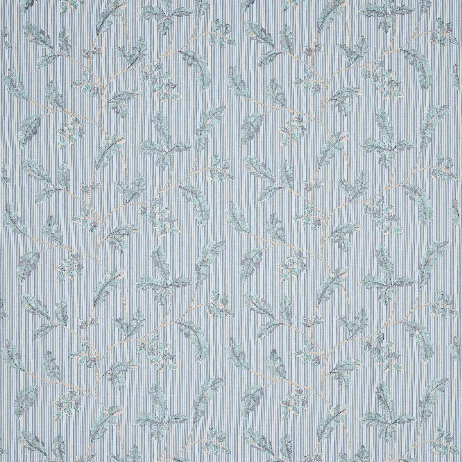 Pale blue floral stripe fabric swatch with fine vertical pinstripe texture