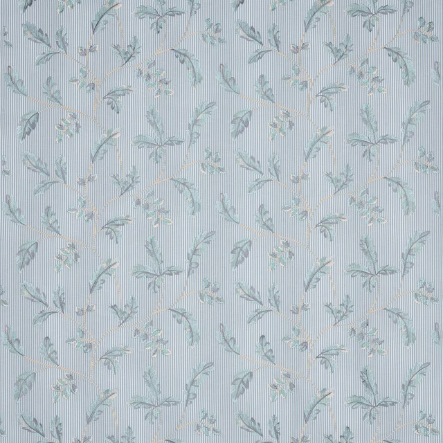 Pale blue floral stripe fabric swatch with fine vertical pinstripe texture