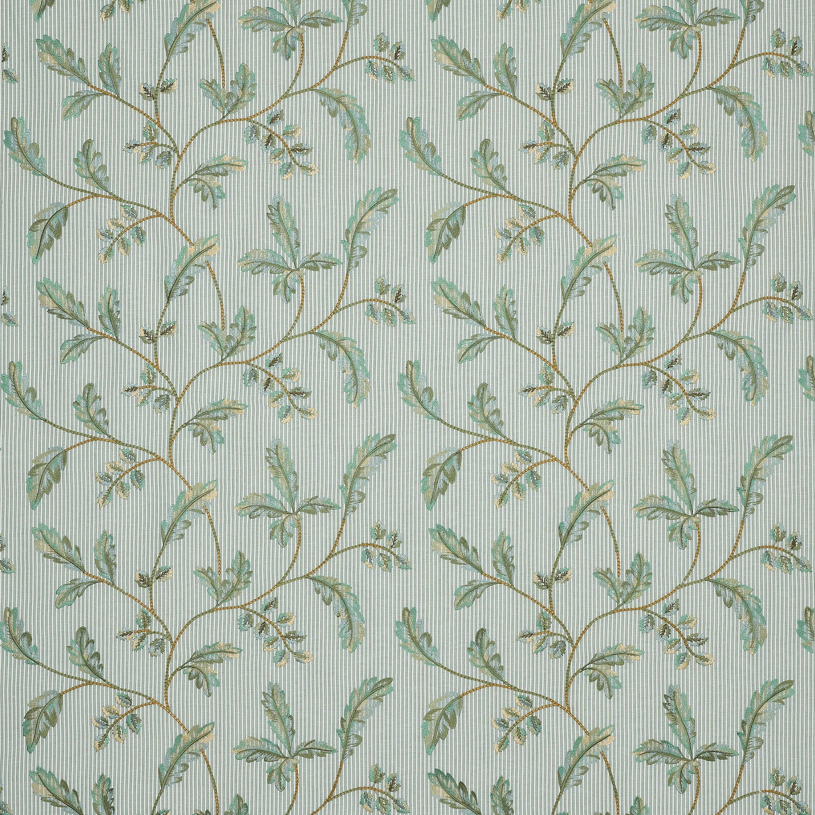 Pale sage striped fabric with trailing vine leaves and gold stems