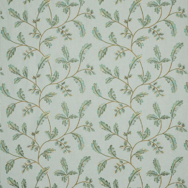 Pale sage striped fabric with trailing vine leaves and gold stems
