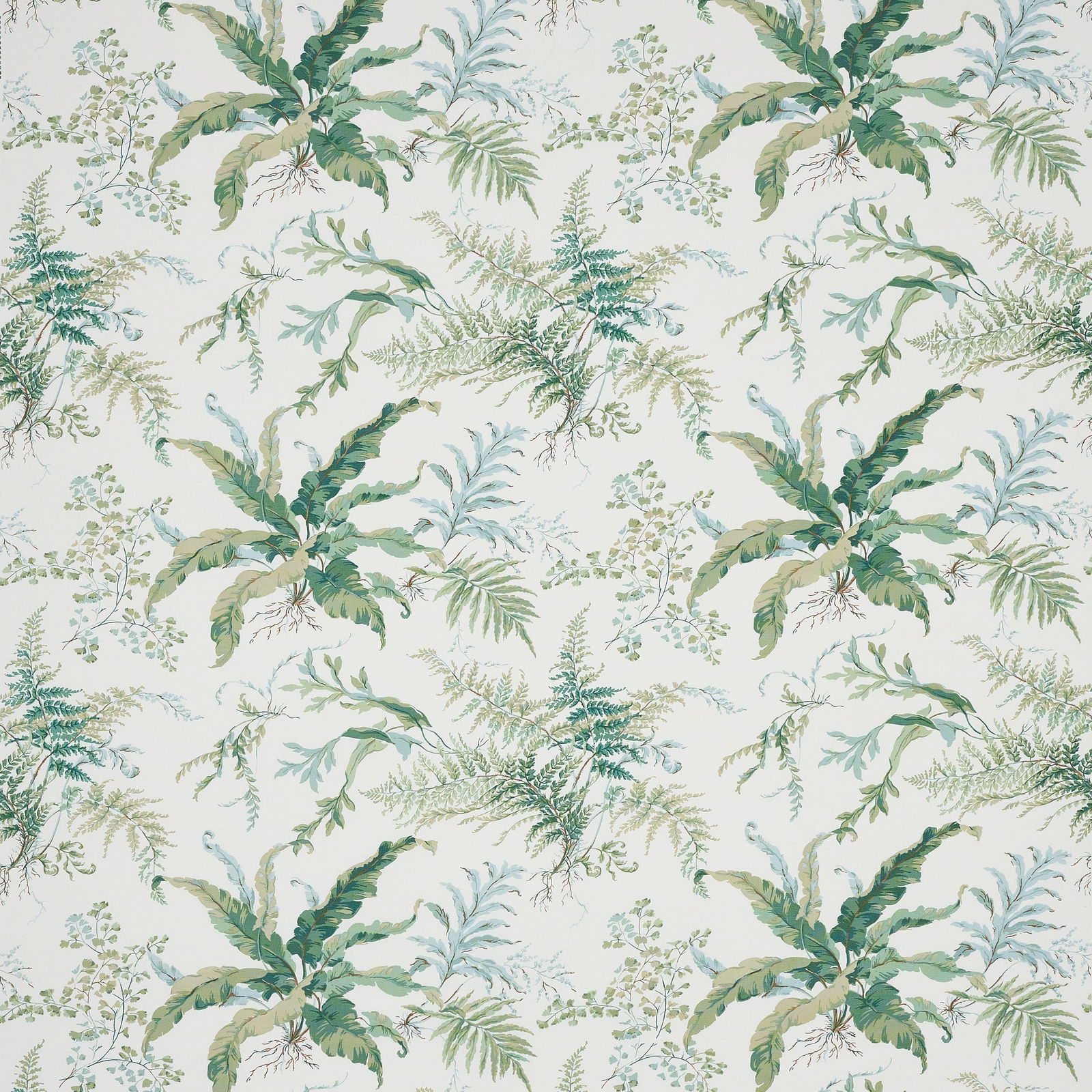 Painterly green botanical fabric with leafy sprays on a pale ground