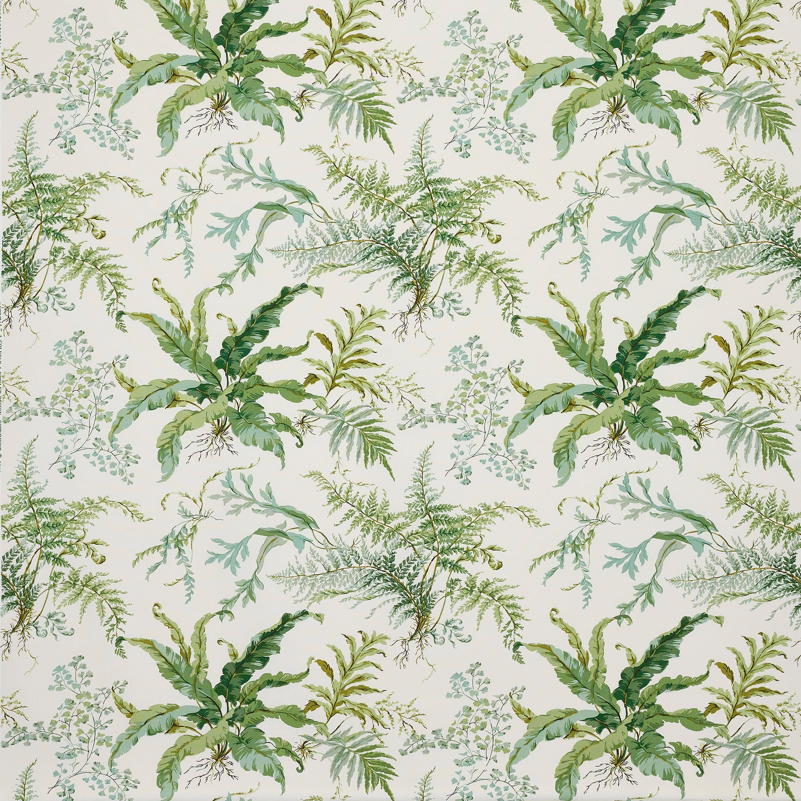 Botanical fabric with leafy green sprays on a pale ground