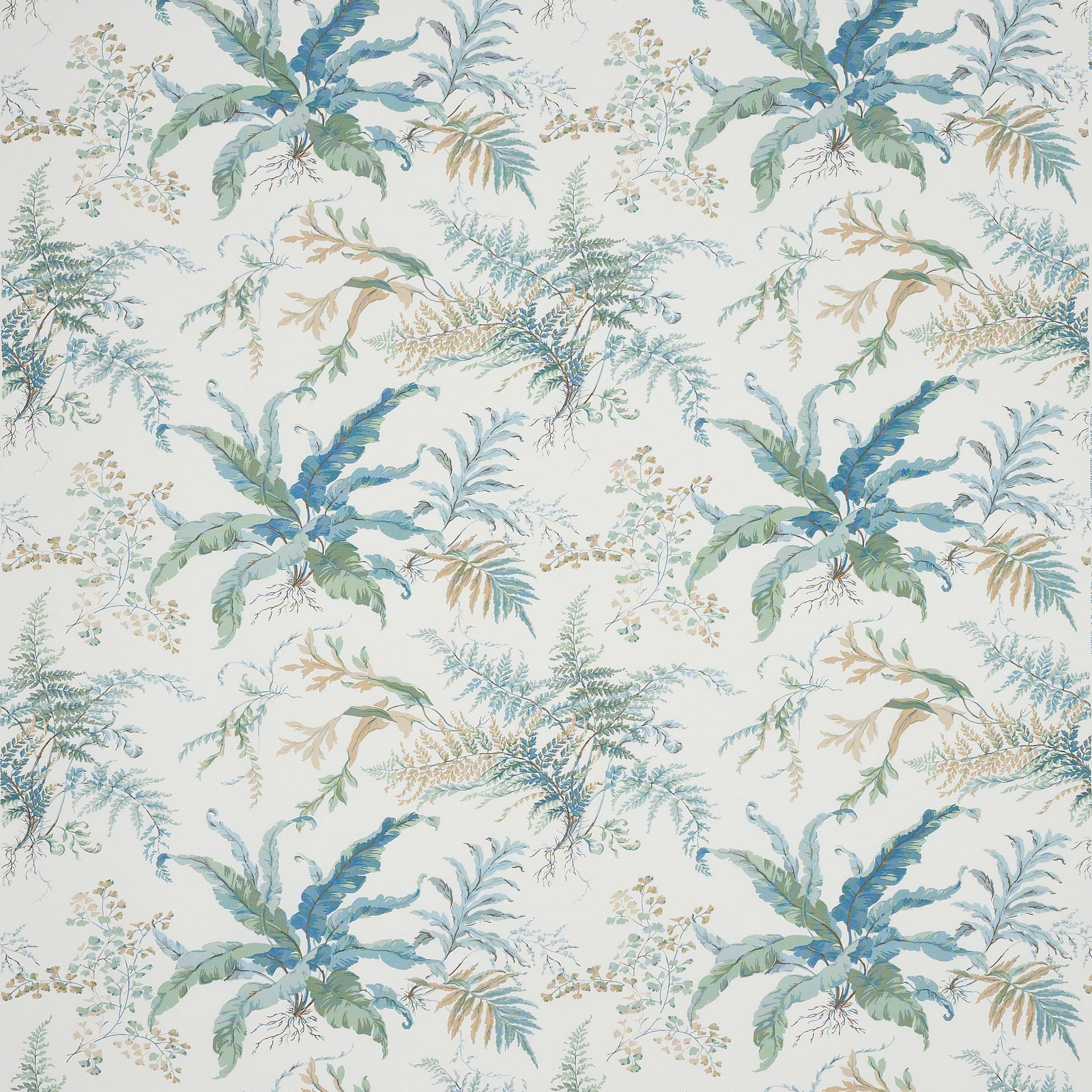 Large botanical fabric with soft old blue and sage leaves on a pale ground
