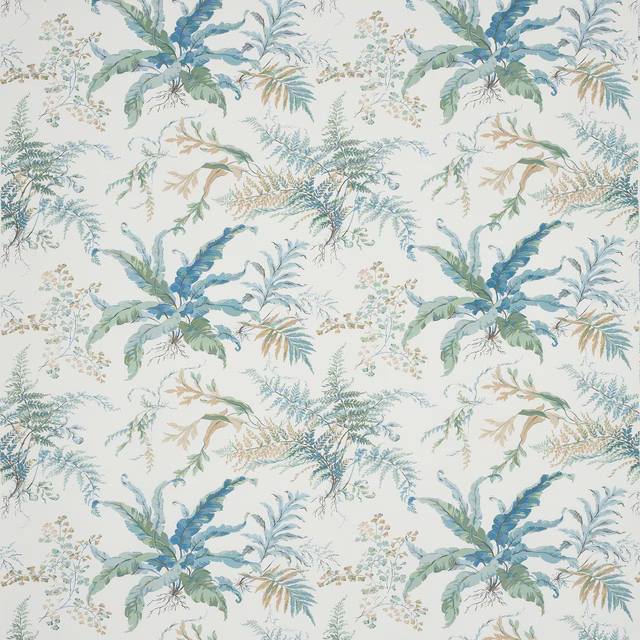 Large botanical fabric with soft old blue and sage leaves on a pale ground