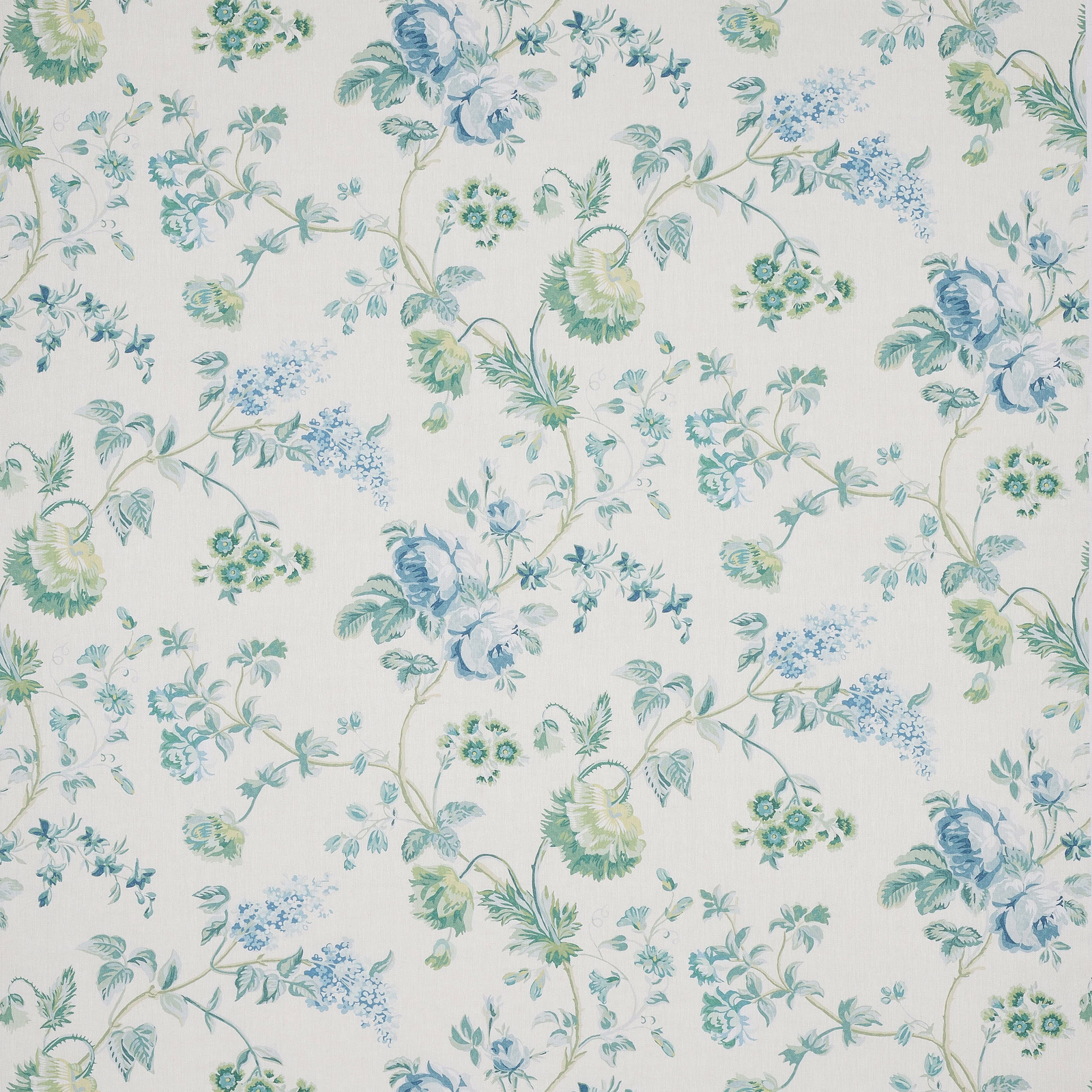 Aqua and blue floral trailing pattern on an ivory linen ground