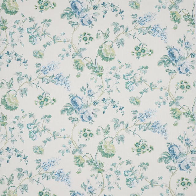 Aqua and blue floral trailing pattern on an ivory linen ground