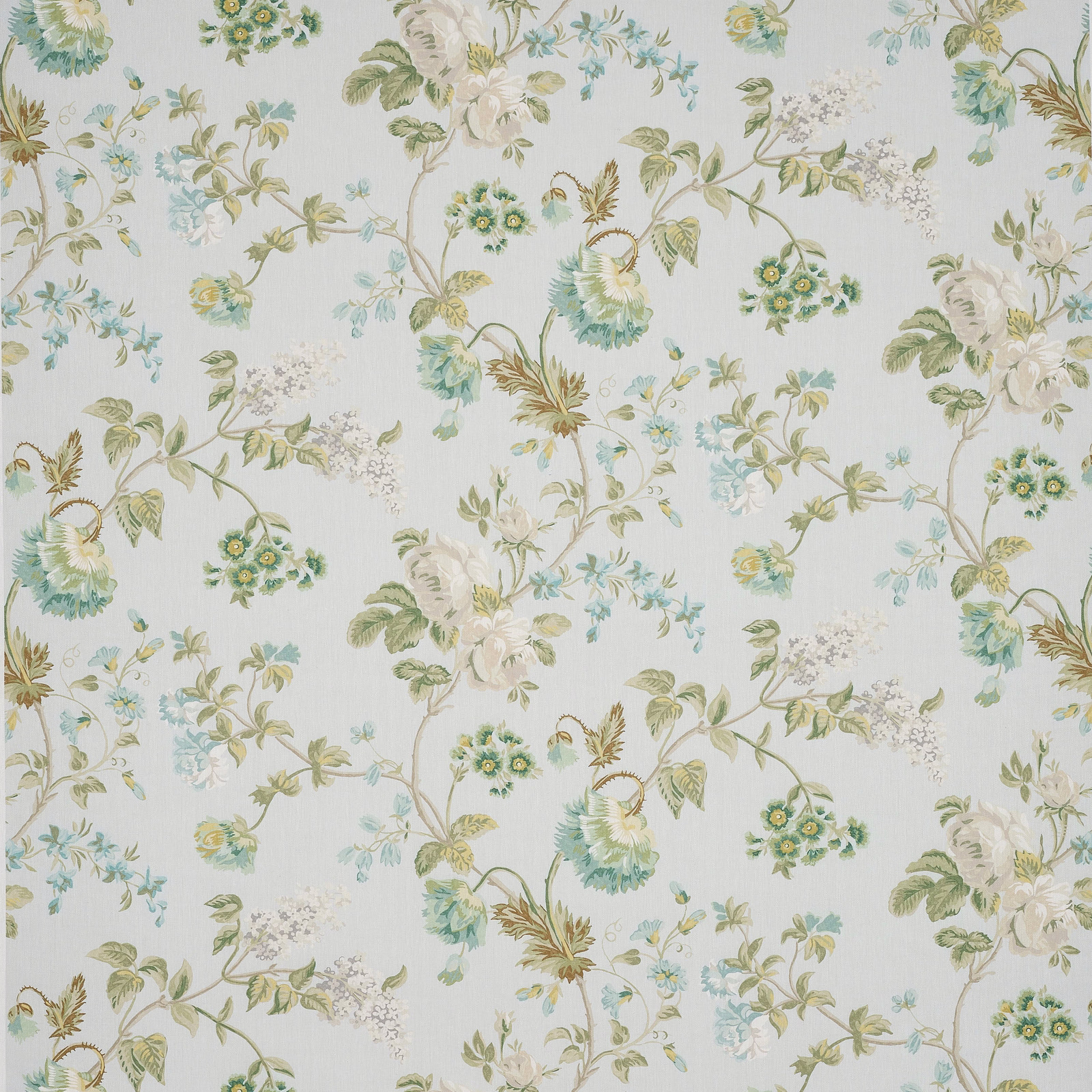 Pale floral linen fabric with soft blue, sage and cream trailing flowers