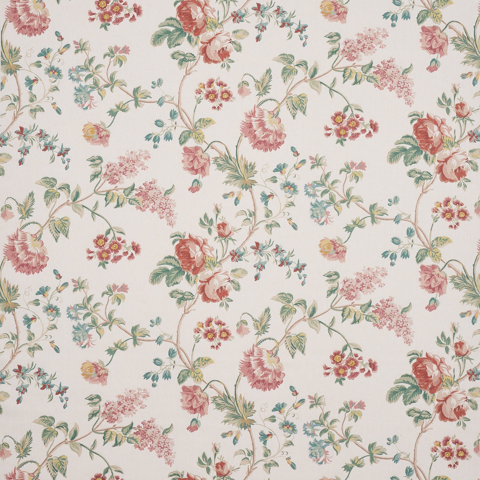 Large-scale floral linen swatch with tomato red, sage green and blush blossoms