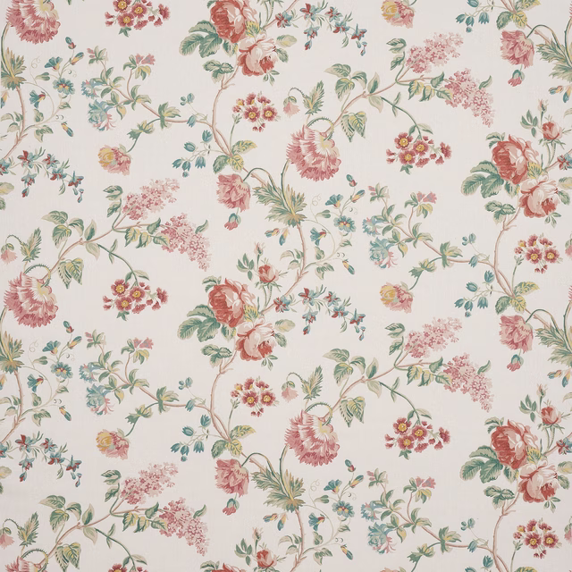 Large-scale floral linen swatch with tomato red, sage green and blush blossoms