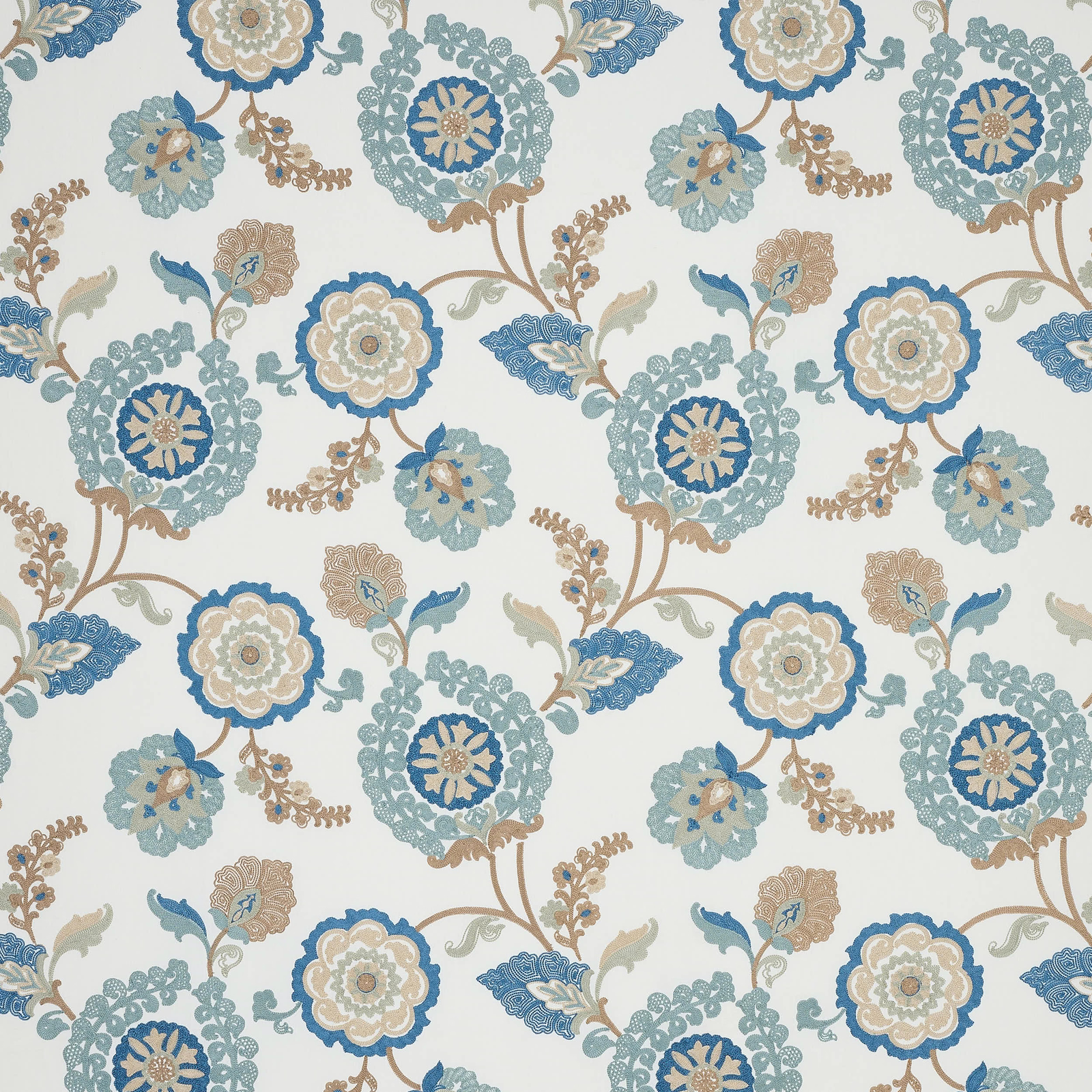 Large-scale blue and aqua floral fabric on a pale cream ground