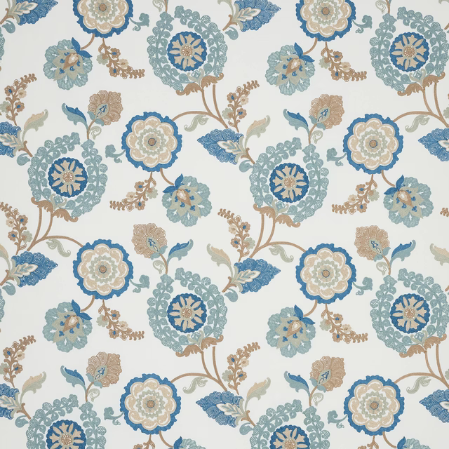 Large-scale blue and aqua floral fabric on a pale cream ground