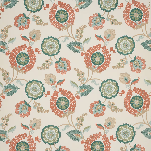 Cream fabric swatch with coral and teal floral medallions and scrolling stems