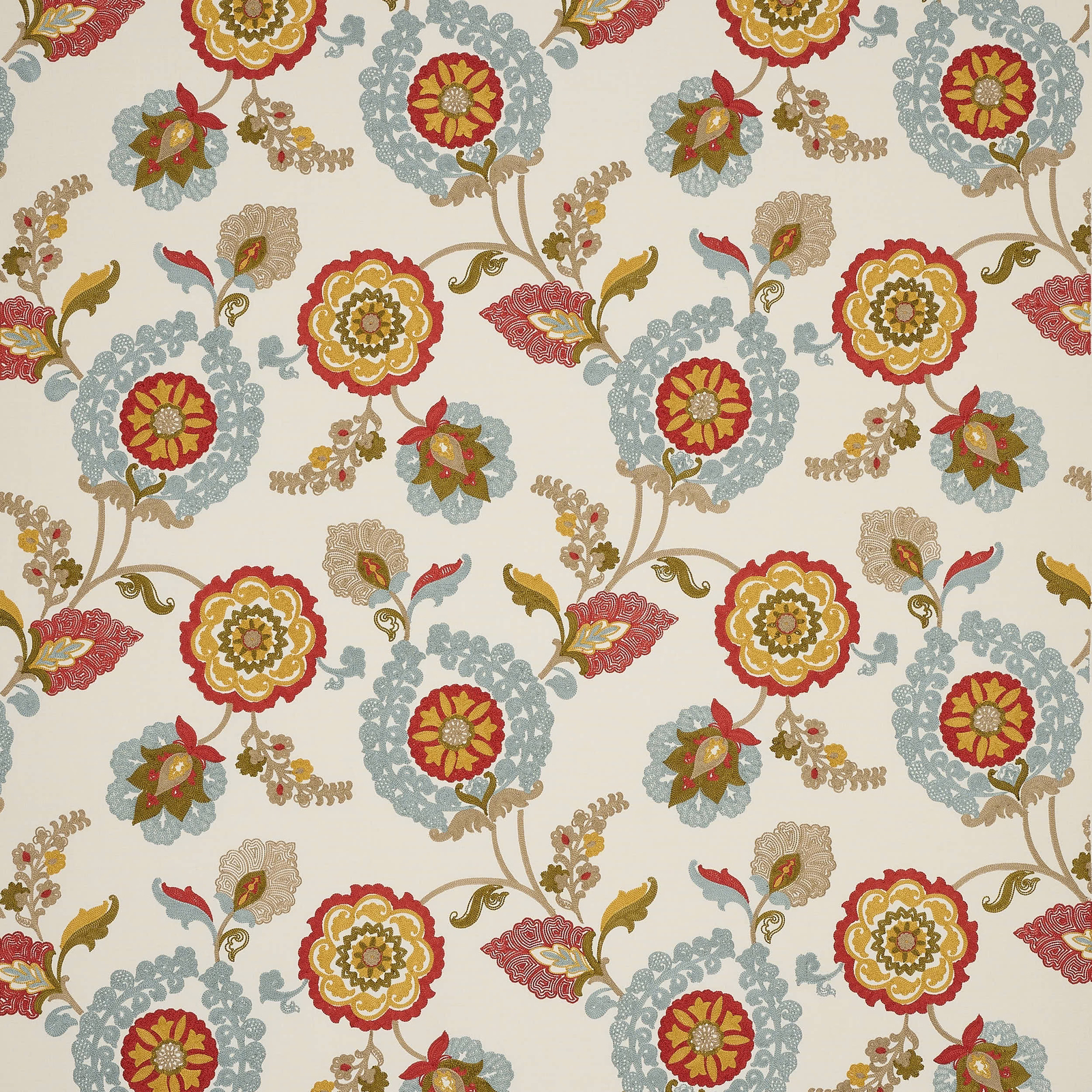 Cream floral fabric with tomato red, olive and pale blue scrolling motifs