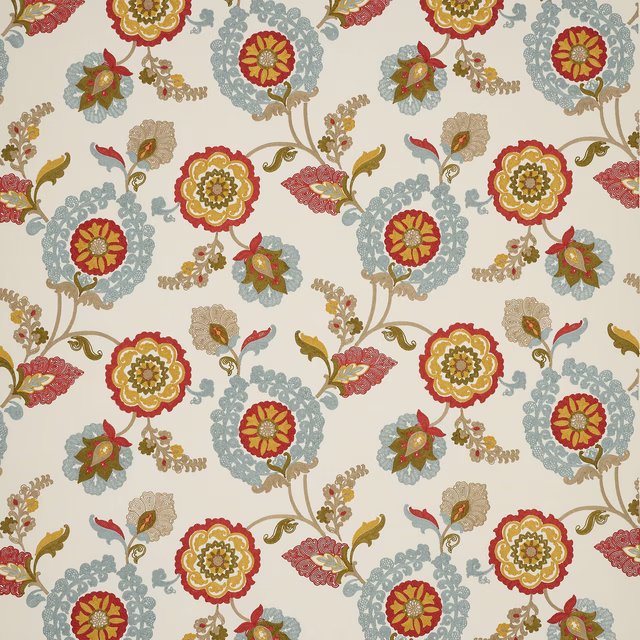 Cream floral fabric with tomato red, olive and pale blue scrolling motifs