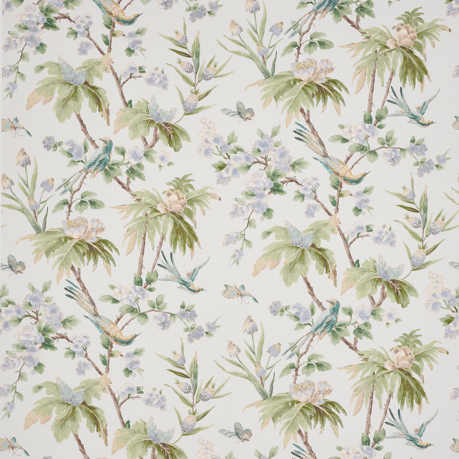 Pale botanical linen print with palms, blossoms and small birds in blue-green tones