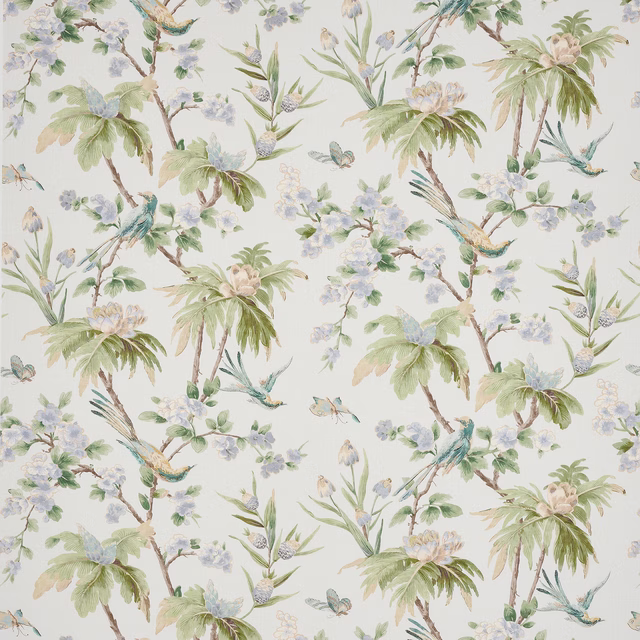 Pale botanical linen print with palms, blossoms and small birds in blue-green tones