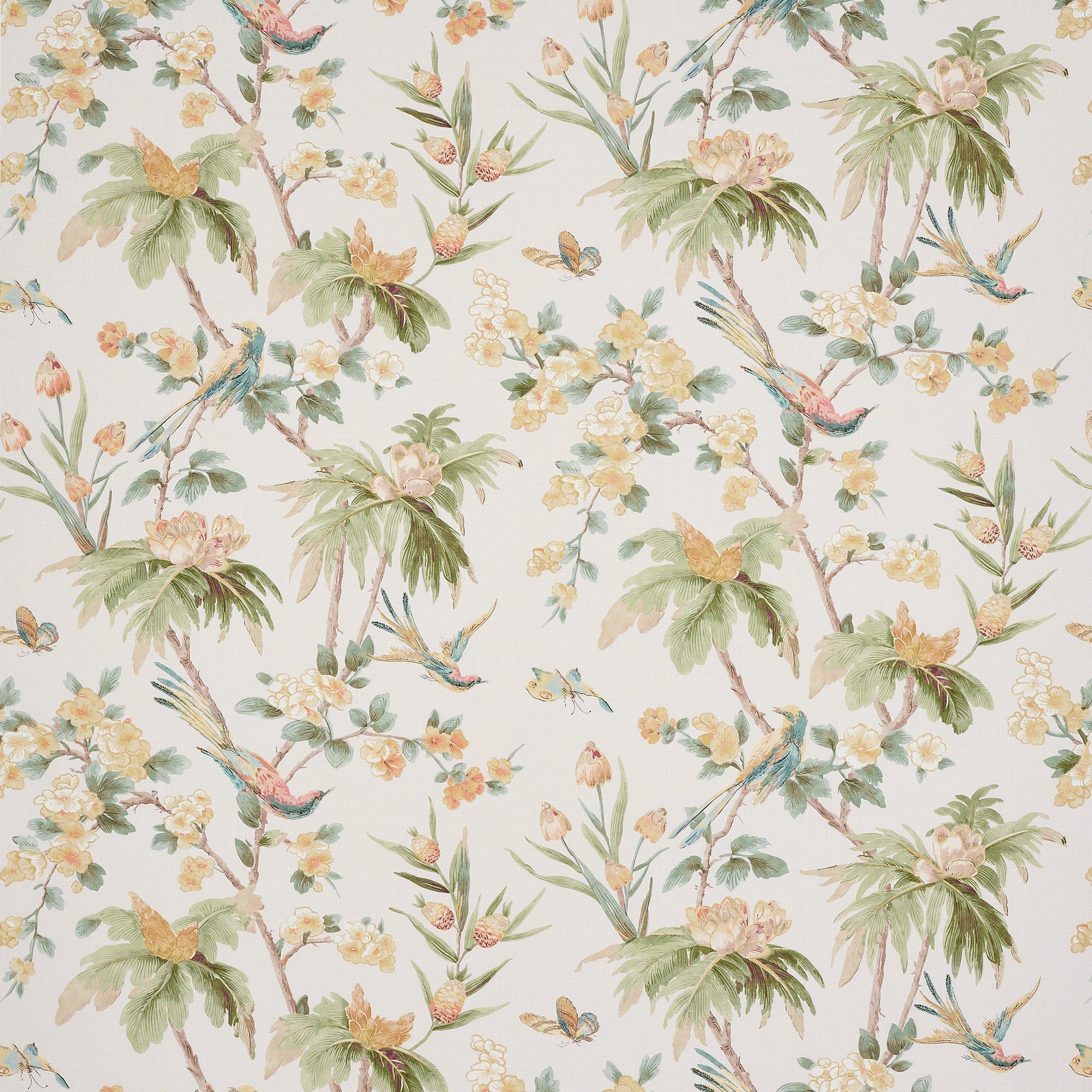 Large tropical botanical linen print with palm fronds, blossoms and birds in soft gold and green