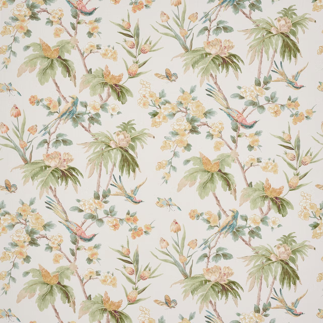 Large tropical botanical linen print with palm fronds, blossoms and birds in soft gold and green