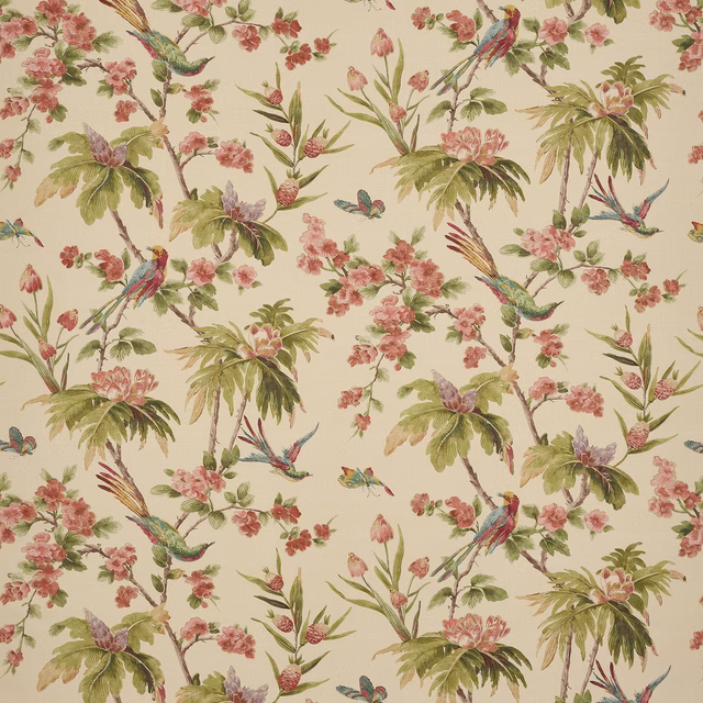 Cream linen fabric with pink blossoms, olive leaves and colourful parrots