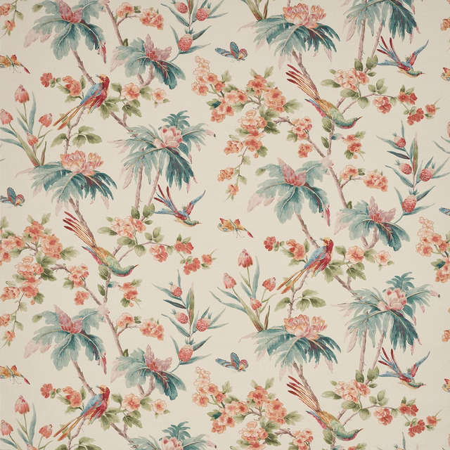 Cream linen fabric with tropical birds, teal palm fronds and coral blossom print