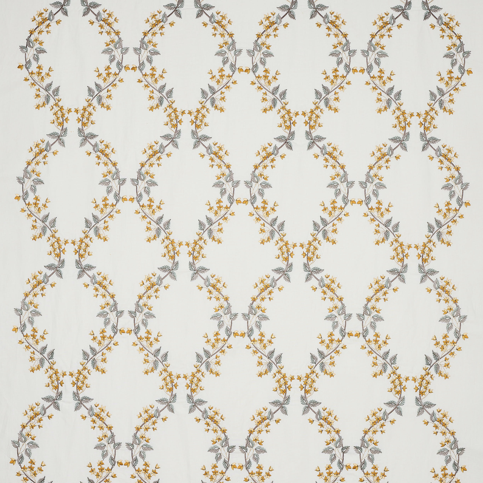 Pale floral trellis fabric with antique gold blossoms and grey leaves