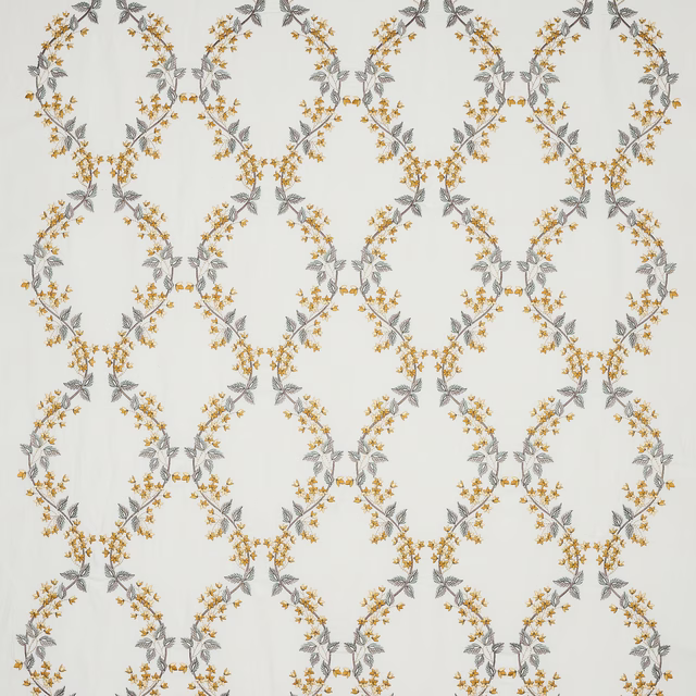 Pale floral trellis fabric with antique gold blossoms and grey leaves