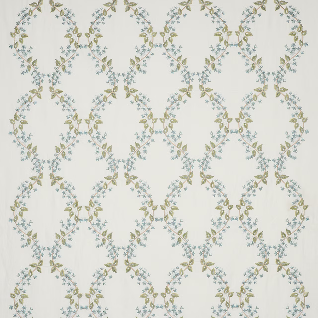 Pale floral trellis fabric with muted old blue and olive leaves on an ivory ground