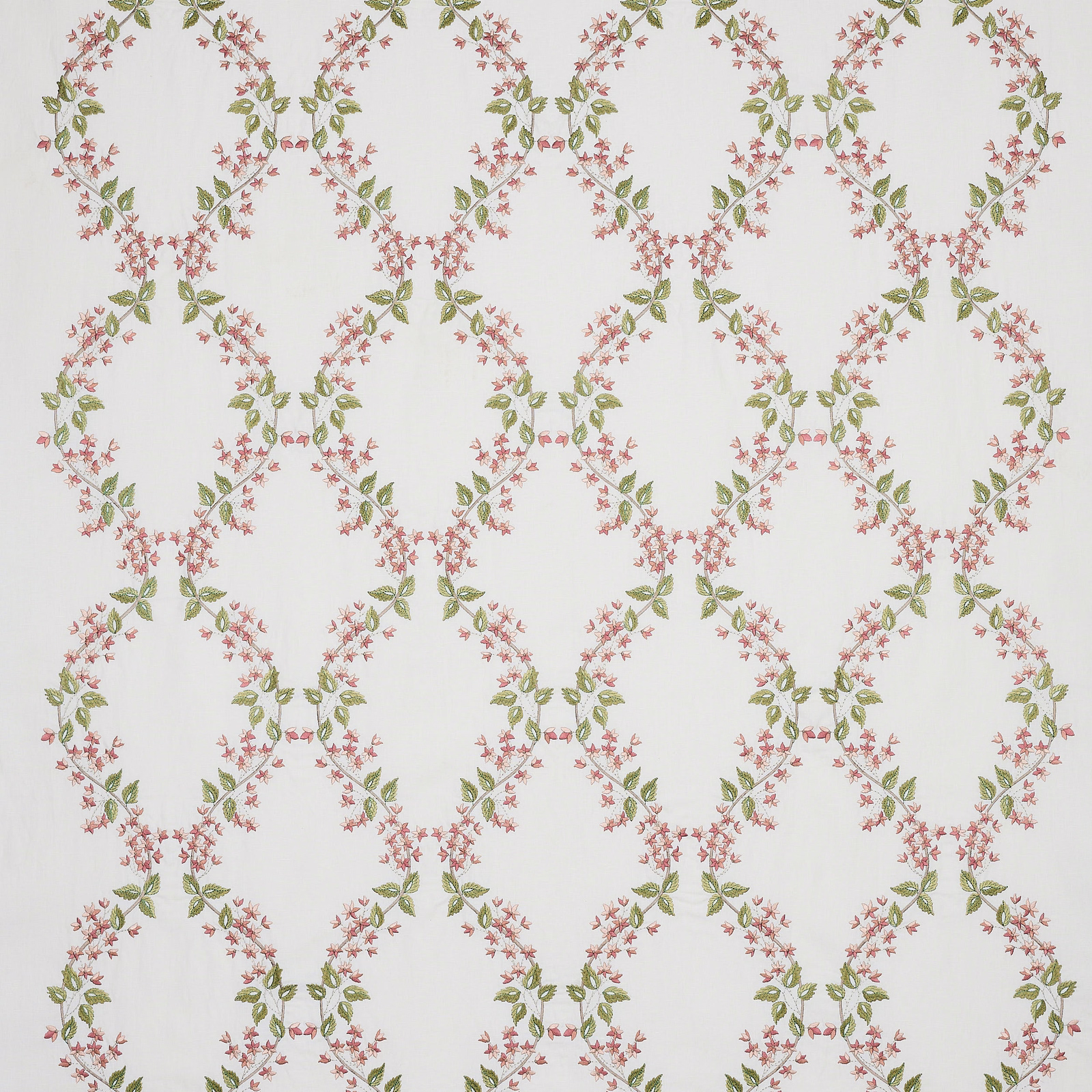 Pink and green floral lattice print on a pale ivory ground