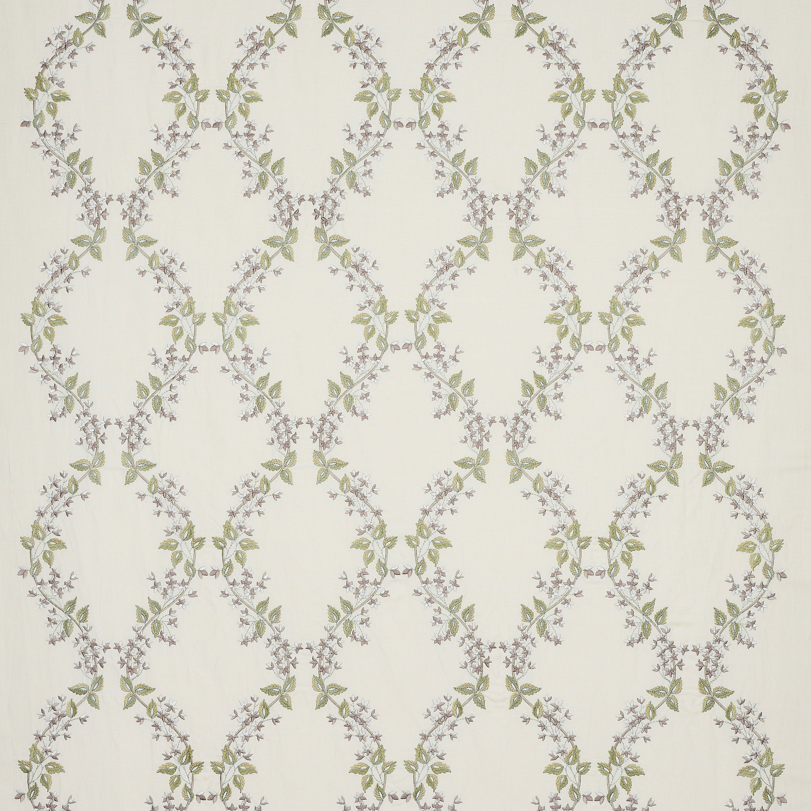Cream fabric with pale silver trellis and soft sage leaf trail