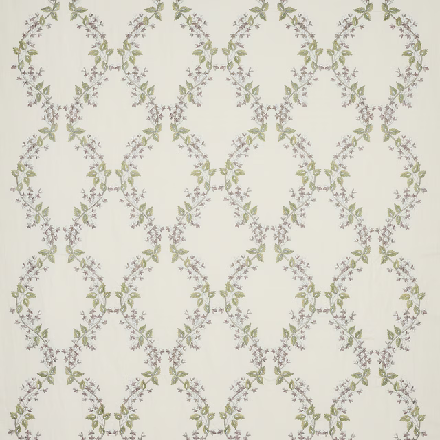 Cream fabric with pale silver trellis and soft sage leaf trail