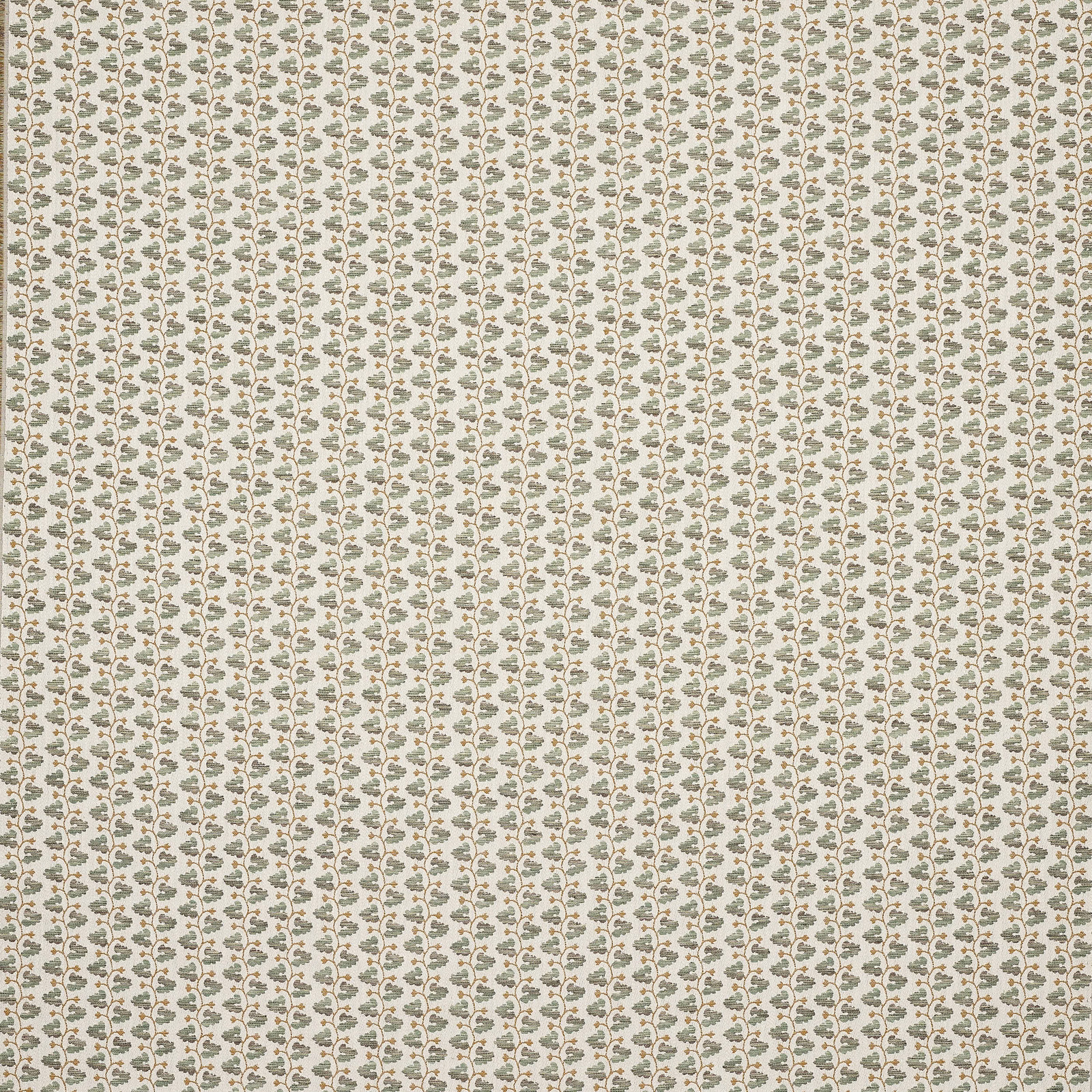 Small repeating floral fabric in hazy green and blush on an ivory ground