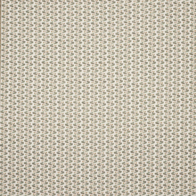 Small repeating floral fabric in hazy green and blush on an ivory ground
