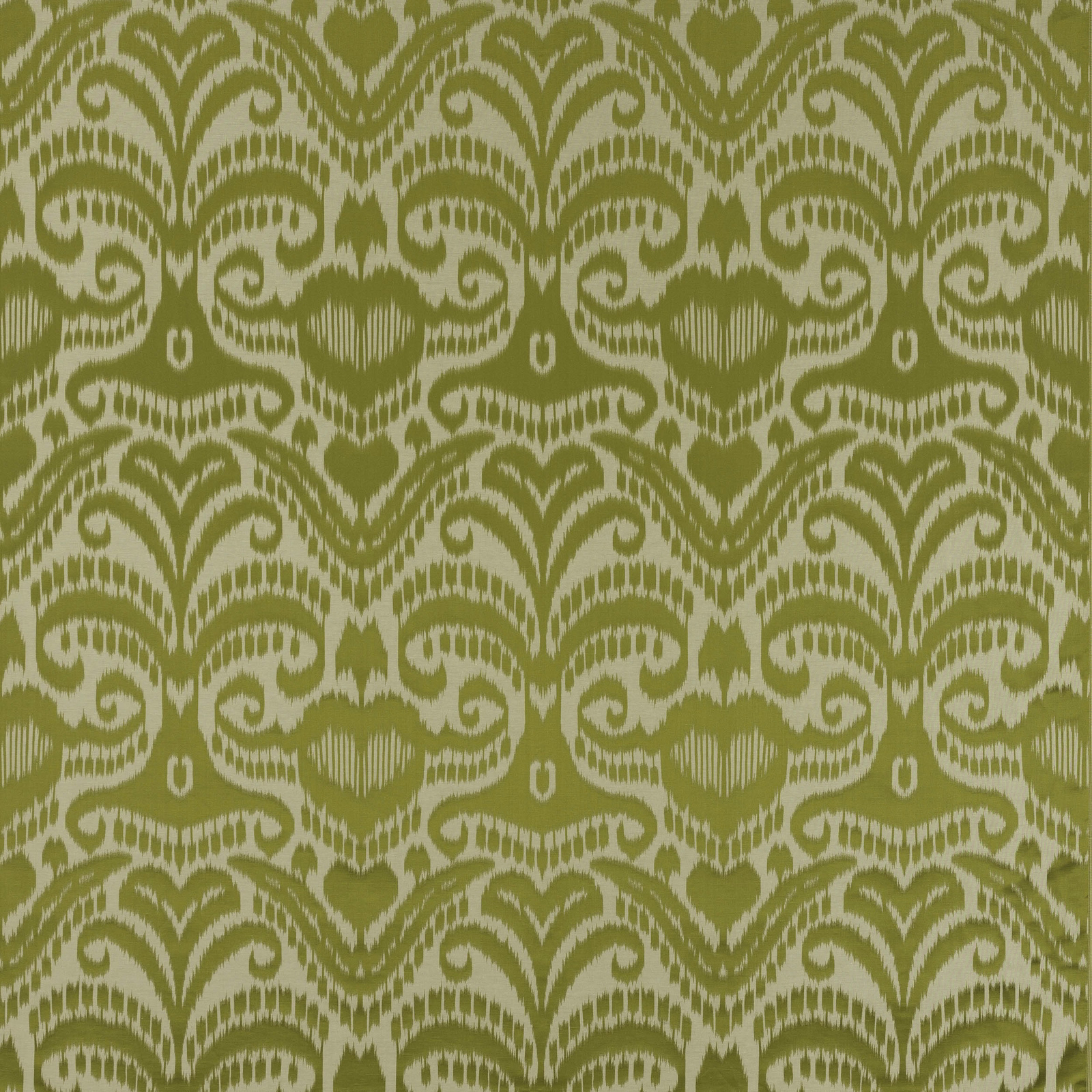 Olive green damask fabric on a warm ivory ground with scrolling motif
