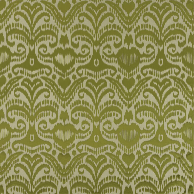 Olive green damask fabric on a warm ivory ground with scrolling motif