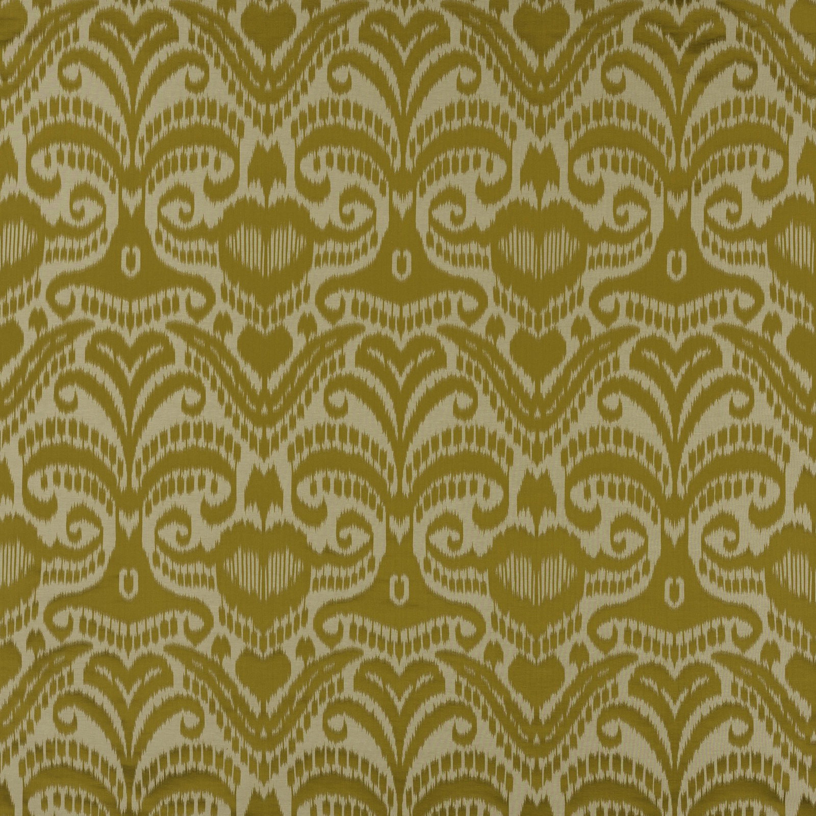 Golden ochre damask fabric with scrolling motif and light contrast detailing