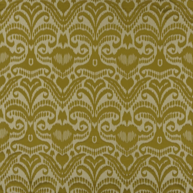 Golden ochre damask fabric with scrolling motif and light contrast detailing