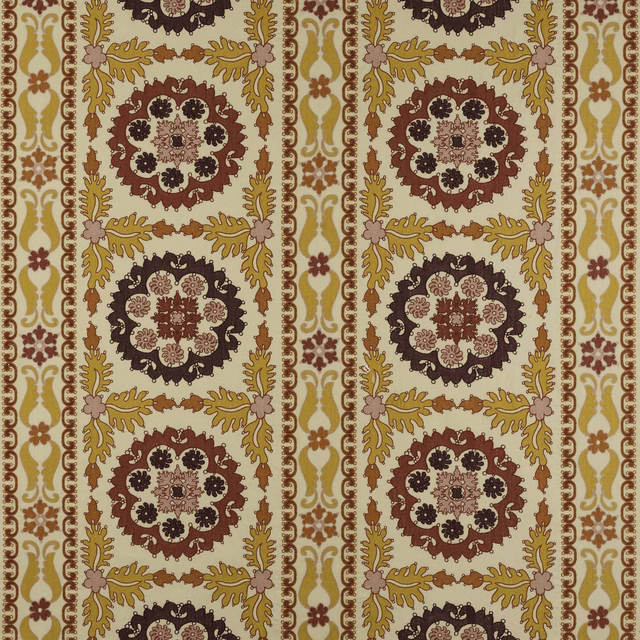 Decorative damask fabric swatch in saffron, orange, rose and plum on a cream ground