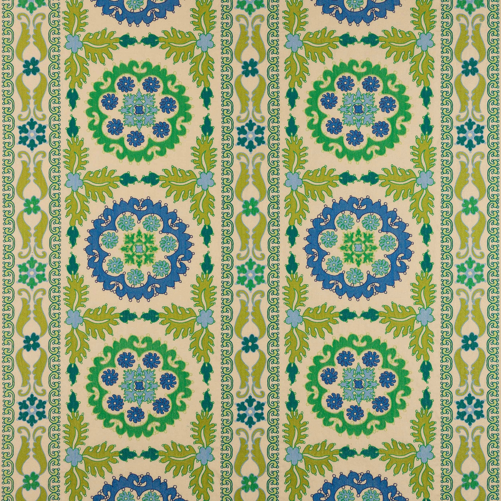 Patterned fabric swatch with kiwi green, blue and cream medallions in a stripe layout