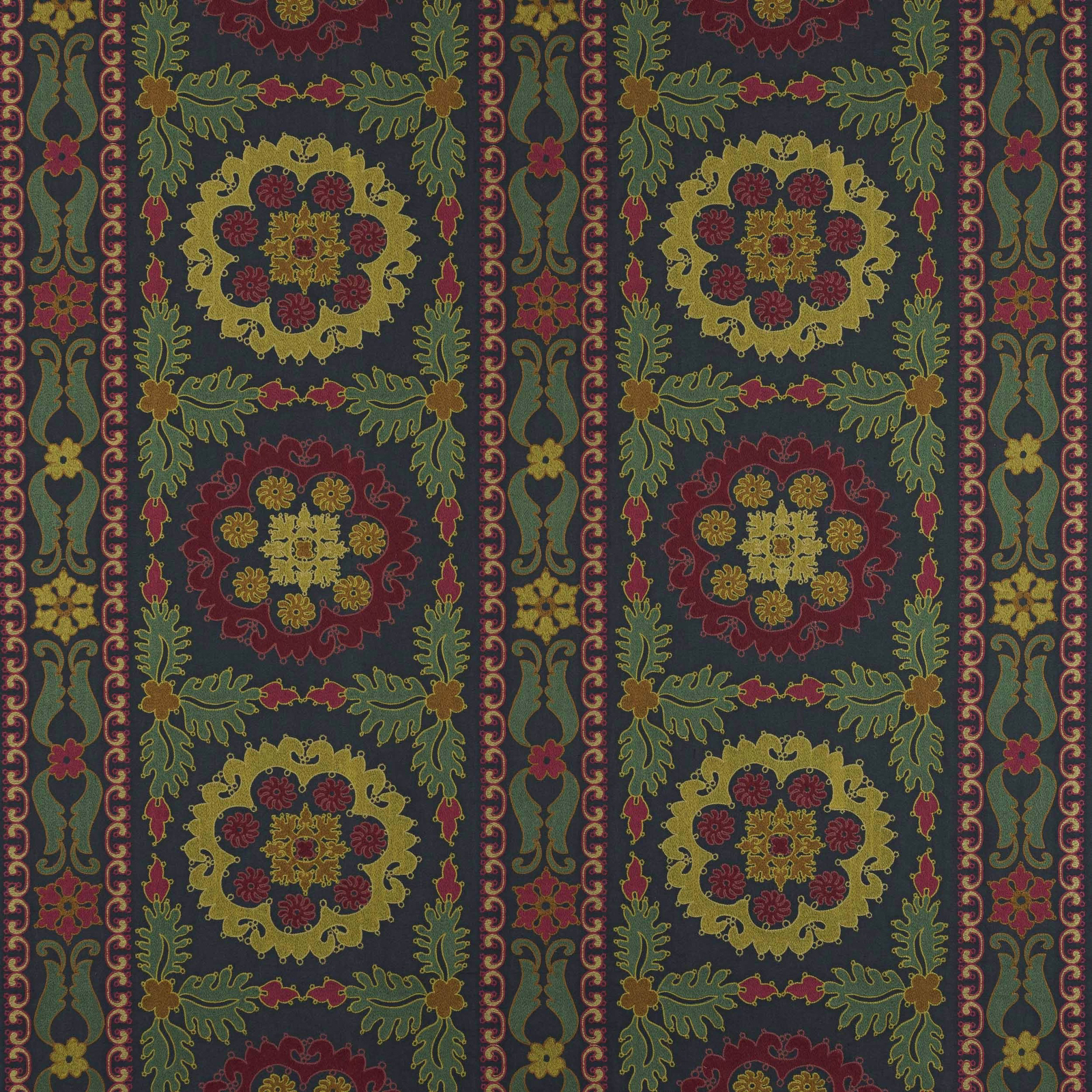 Patterned fabric swatch with deep teal ground, pink and gold floral medallions