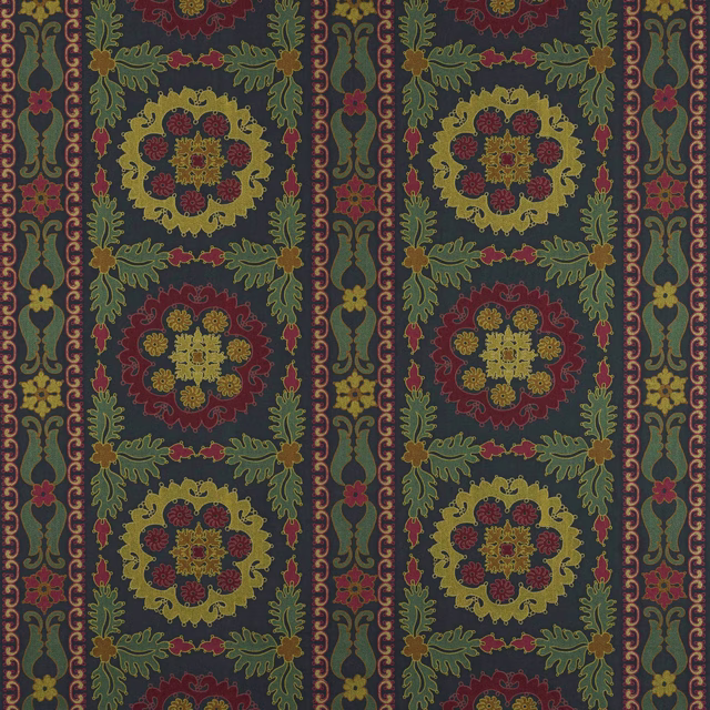 Patterned fabric swatch with deep teal ground, pink and gold floral medallions