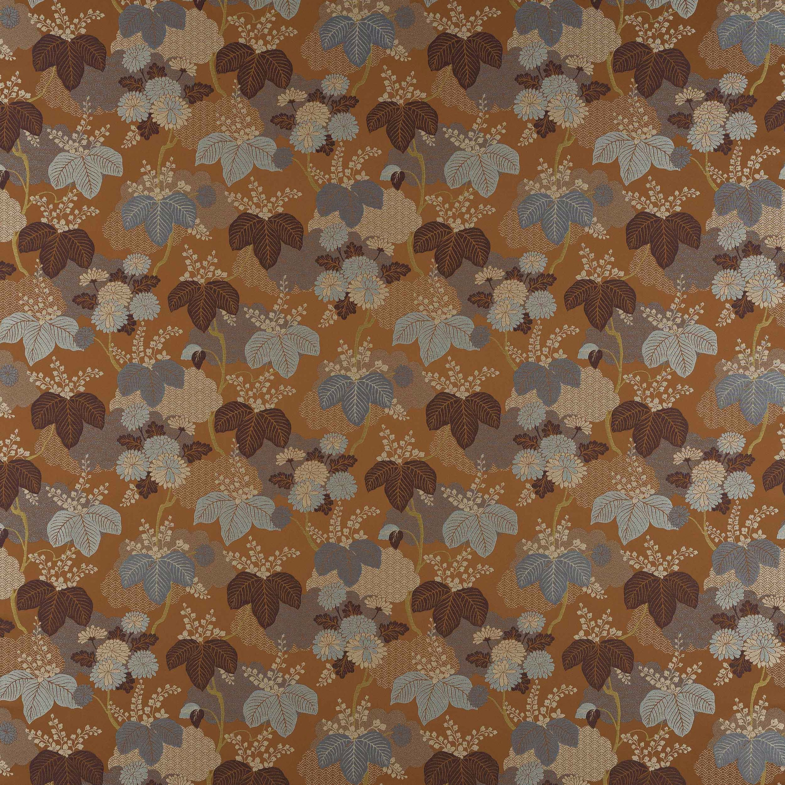 Large botanical print in burnt orange with dusty blue, plum and blush foliage