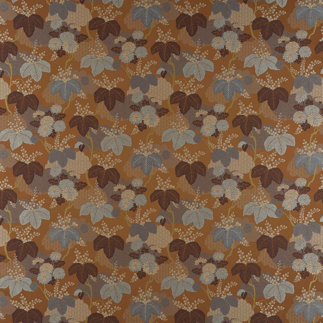 Large botanical print in burnt orange with dusty blue, plum and blush foliage