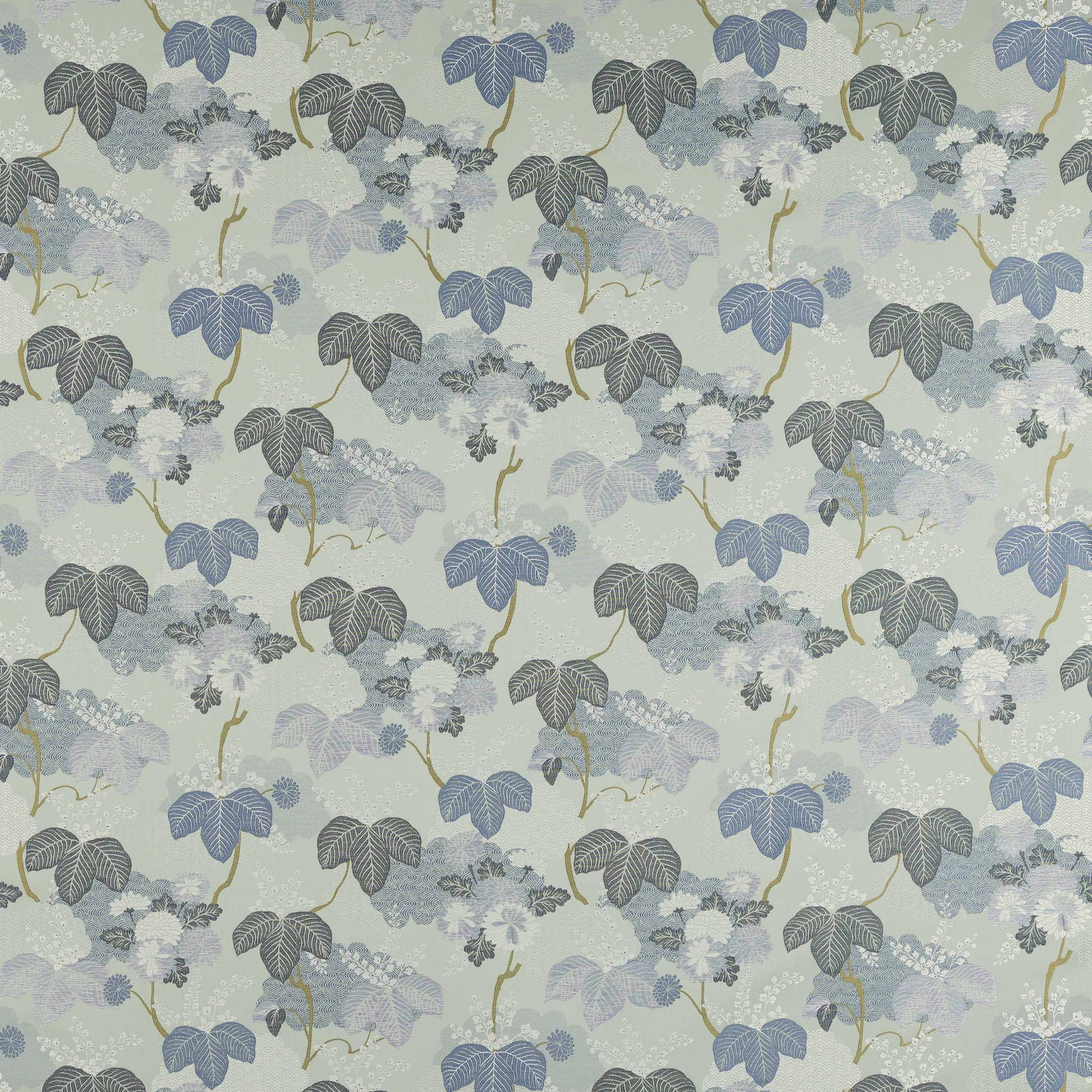 Pale aqua botanical fabric with blue and grey leaf clusters and fine gold stems