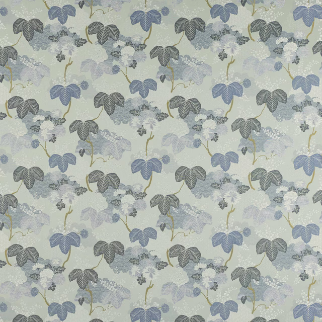 Pale aqua botanical fabric with blue and grey leaf clusters and fine gold stems