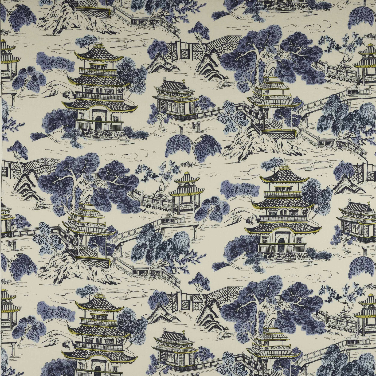 Blue and ivory scenic pagoda print on linen with bridges, trees and temple motifs