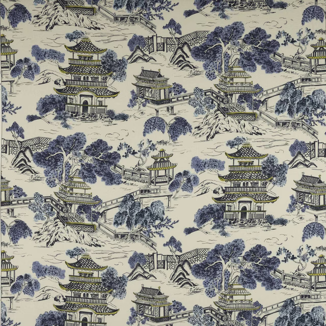 Blue and ivory scenic pagoda print on linen with bridges, trees and temple motifs