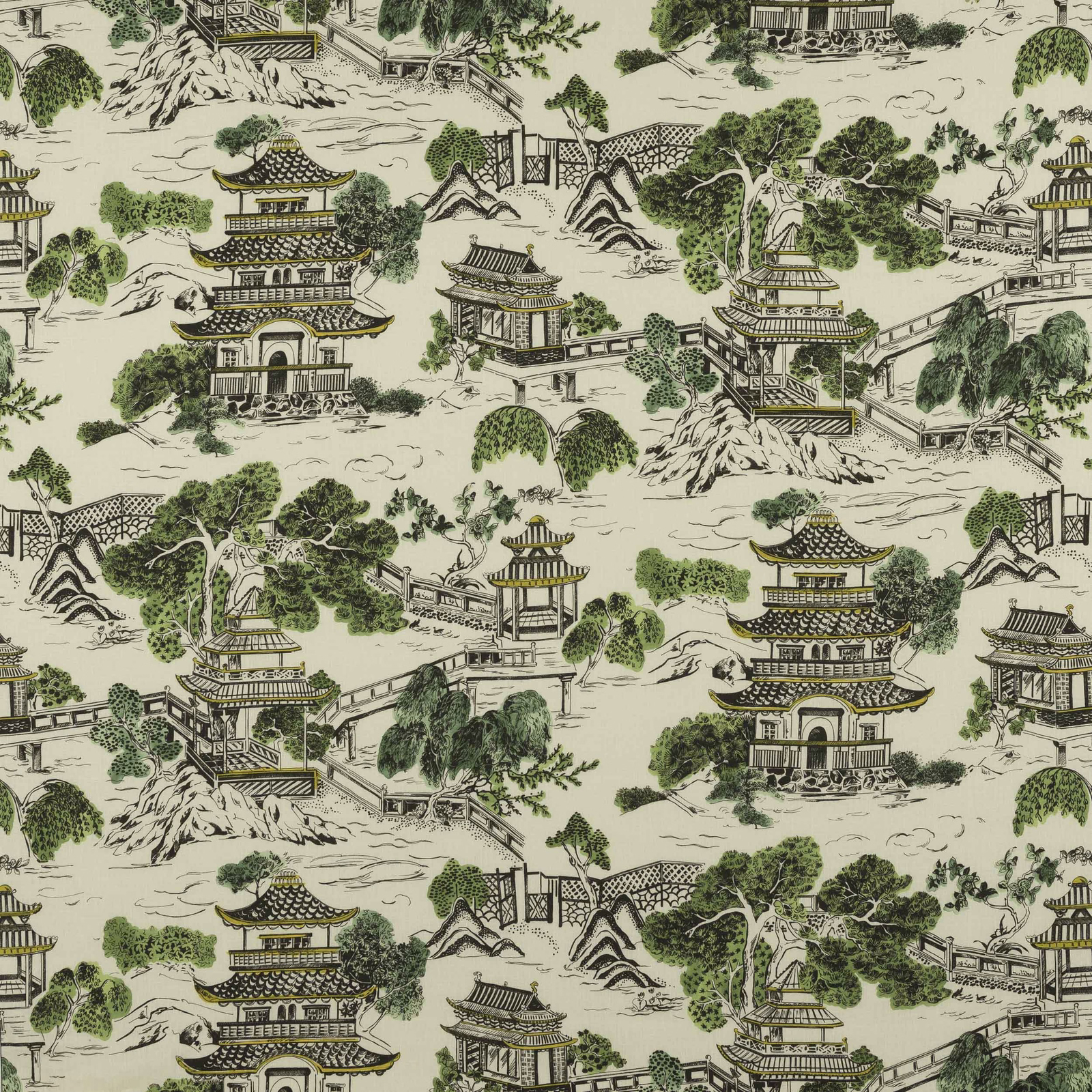 Cream linen fabric with pagodas, bridges and green trees in a scenic repeat